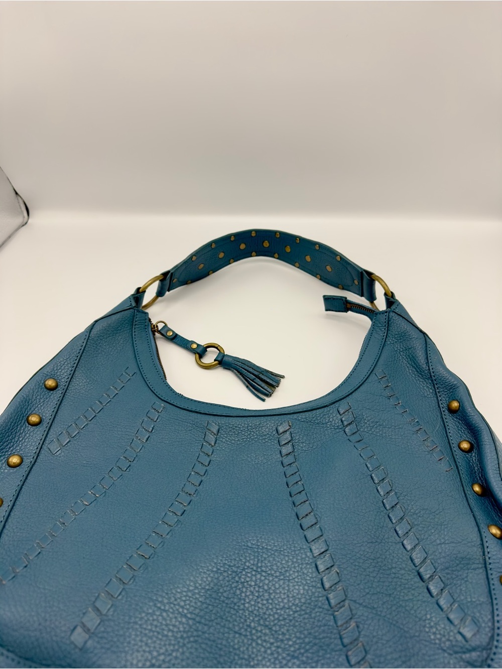 Fossil Blue Leather Shoulder Bag Purse Boho Metal Accents SHB1529 - Picture 10 of 12